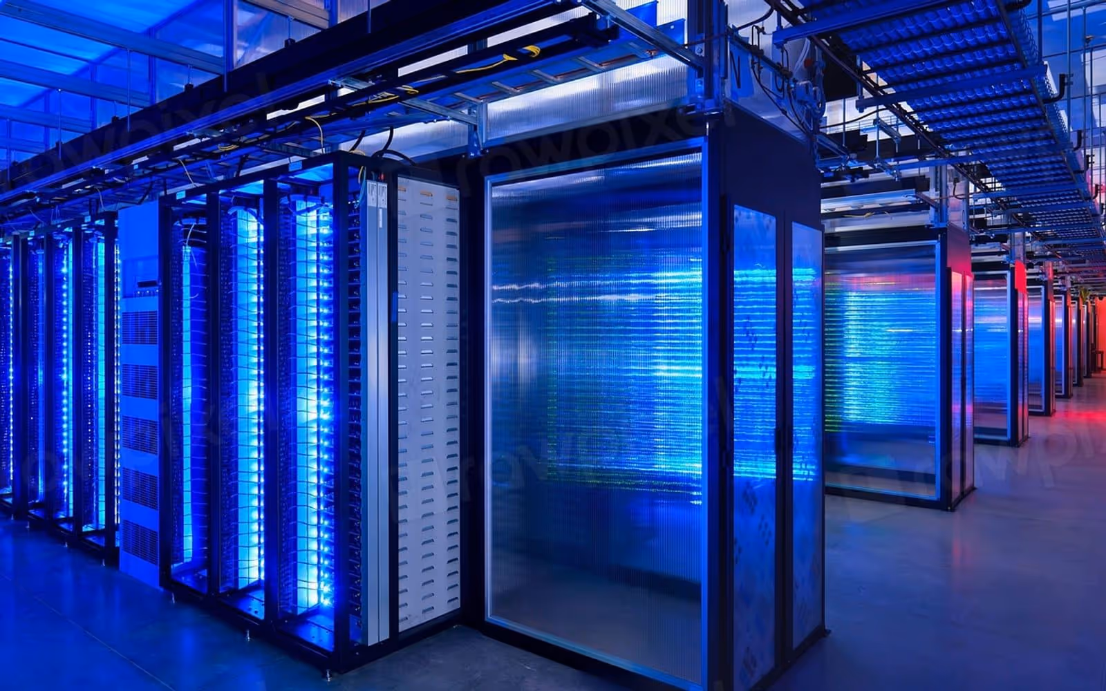 An aisle of illuminated server racks in a data centre
